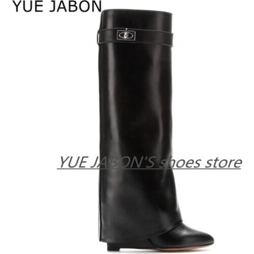 Black White Wedge Shark Lock Women Knee High Boots Slip-on Over Lady Motorcycle Boots Height Increasing women boots botas mujer