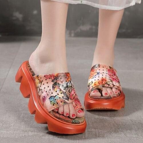 Woman Flower Platform Slippers Genuine Leather Women Shoes Floral Slides 2021 Summer Outside Wear Wedges Casual Ladies Slippers