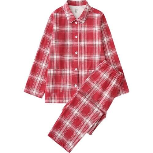 Spring Autumn Women Casual Plaid Pajama sets Female 100% Cotton Sleepwear suit Women Long sleeve Turn-down collar shirt & Pants