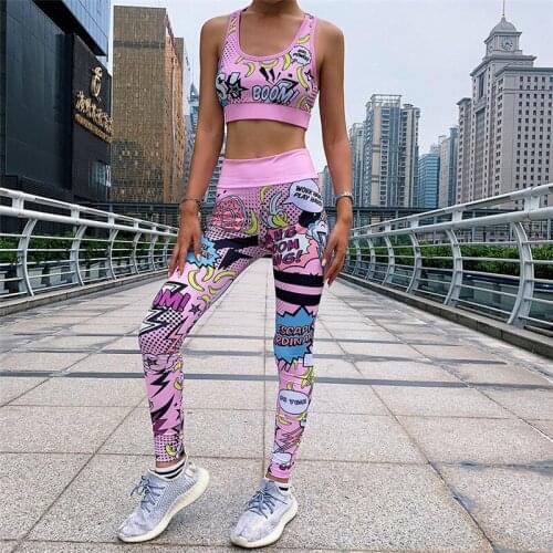 Flower Print Gym Set Women Workout Clothes Letter Stripe Yoga Set 2021 Early Autumn Fitness Clothing Women 2 Piece Workout Sets