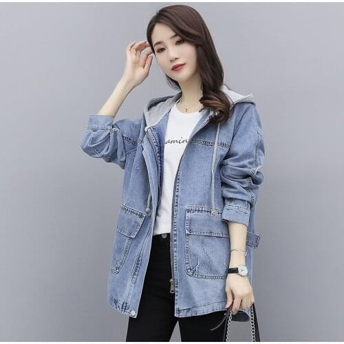 2021 Spring Autumn New Hooded Denim Coats Women Casual Midi Jean Jackets Plus Size Solid Color Loose Joker Cowboy Outerwear Top