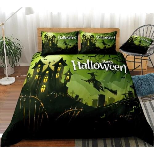 3D Halloween Duvet Cover Set Witch Flying on Broom Bedding Set King Dropship Bat Home Textiles Castle 3pcs Green Quilt cover Kid