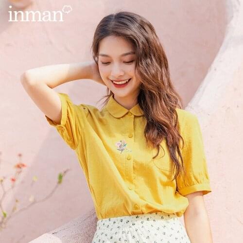 INMAN Summer Lady Tops Yellow Or White Cotton Lapel Minimal Elegant Sweet Cute Flower Embroidered Casual Short Sleeve Blouse