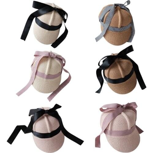 Kids Summer Woven Straw Baseball Cap Sweet Plaid Ribbon Bow Sunscreen Peaked Hat F3MF
