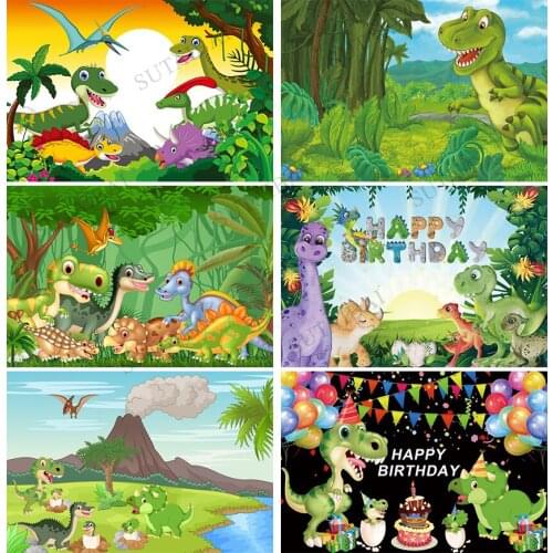Dinosaur Photo Backdrop Colorful Flags Balloons Baby Shower Boys Happy Birthday Party Photography Background Banner Supplies