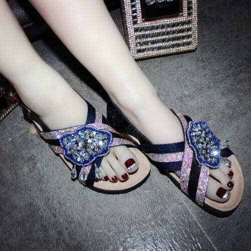 Genuine Leather Handmade Designer Summer Shoes Sandalias Mujer 2019 Blue Crystal Studded Party Shoes Bling Rhinestone Sandals