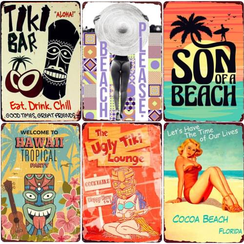 TIKI BAR Retro Plaque Metal Tin Signs Art Painting Decorative Plates for Bar Club Home Decor Wall Stickers Creative Gift N168