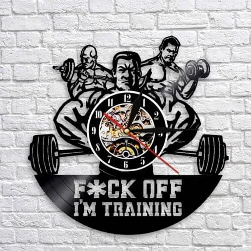 F- Off I'm Training GYM Inspirational Quote Wall Art Bodybuilders Clock Fitness Room Wall Sign Crossfit Vinyl Record Wall Clock