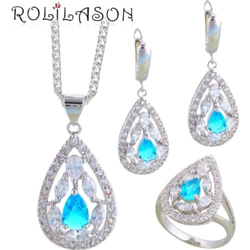 ROLILASON Party for Women Water Drop Light Blue Zircon Stamped Fashion Jewelry Set Earring /Necklace/Pendant/ Rings JS686