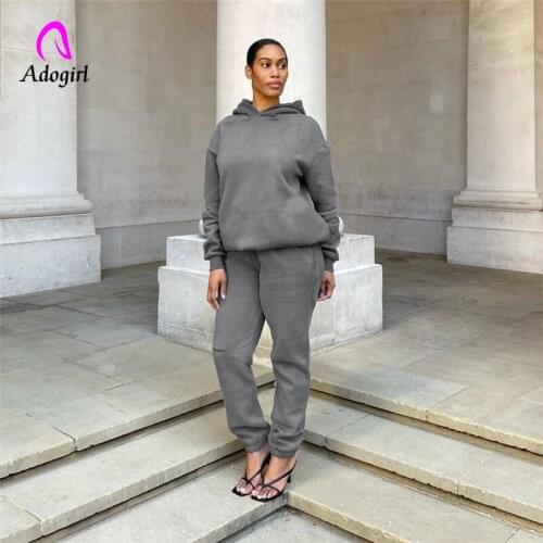 Gray Solid Women 2 Piece Set Long Sleeve Hoodies + Casual Jogging Pants Matching Set 2021 Autumn New Fitness Workout Tracksuits