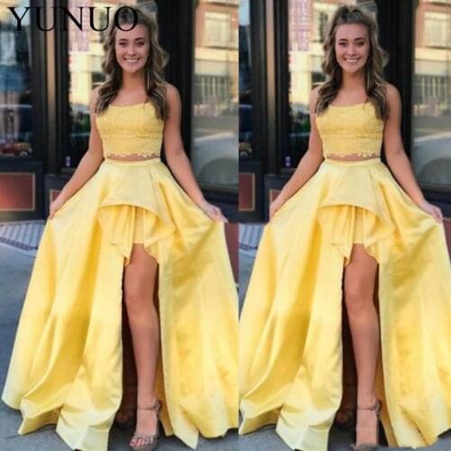 2019 Two Pieces Yellow Prom Dresses Lace Satin Spaghetti Straps Graduation Dresses with Slit Customized Vestidos De Fiesta N66