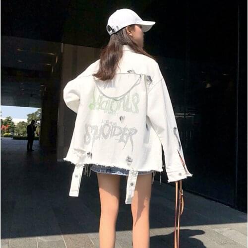 Spring Hip Hop Women White Denim Jackets Streetwear 2021 Casual Punk Rock Hole Jeans Coat Female Outwear chaqueta Vaquera Mujer