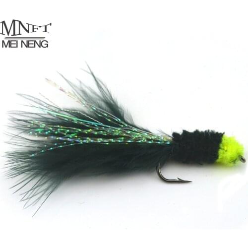 MNFT 6PCS 6# Black Egg Sucking Leech Fly Yellow head Marabou with Flashabou Trout Fishing Streamer