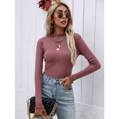 Fashion Autumn Long Sleeve Ruffle Neck Knitted Sweaters Casual Slim Basic Tops Cardigan Womens Sweater 2021