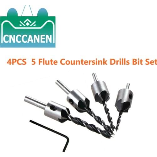 4PCS 3mm 4mm 5mm 6mm 5 Flute HSS Countersink Drill Bit Set Reamer Woodworking Chamfer Tool + Wrench