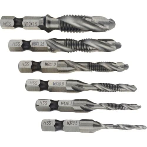 6pcs M3-M10 Screw Tap Drill Bits Hss Taps Countersink Deburr Set Metric Combination Bit High Speed Steel 1/4 IN Quick Change Hex