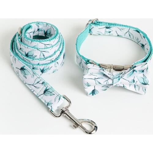 Personalized Blue Leaf Dog Collar Leash With Bow Tie Set Free Engraved Nameplate For Small Medium Large Dog
