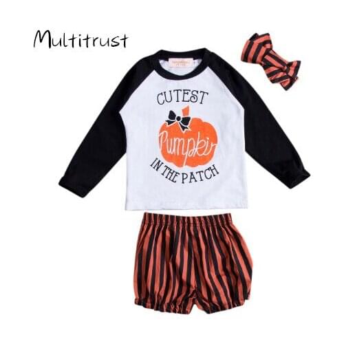 ABY Cotton Cartoon Pumpkin T-shirt+shorts+headband 3pcs Girls Clothing Set Halloween Costume Kids Clothes Size 0-24M