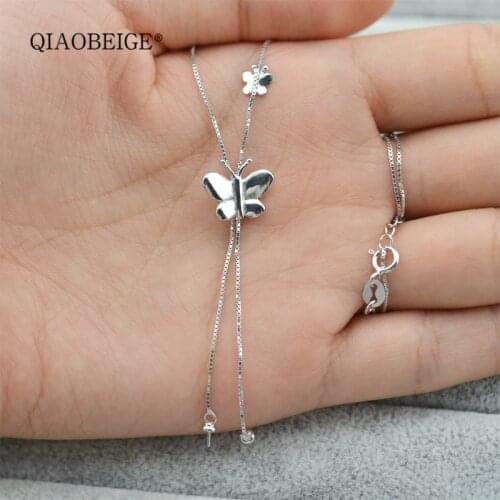 QIAOBEIGE sterling silver 925 pearl necklace mountings, butterfly pendant necklace box chain silver pearl jewelry accessories