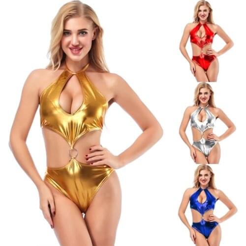 Sexy bikini Bright skin halter Hollowing out Frenulum Metal ring Sun bath bikinis swimwear one piece swimsuit women biquini