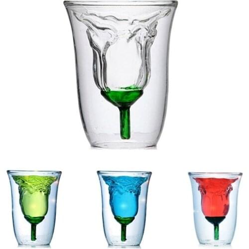 180ml Rose Shape Double Wall glass Double Walled Heat Resistant Coffee Beer Tea Milk Cup Whisky Glassware Bar Cocktail Glass