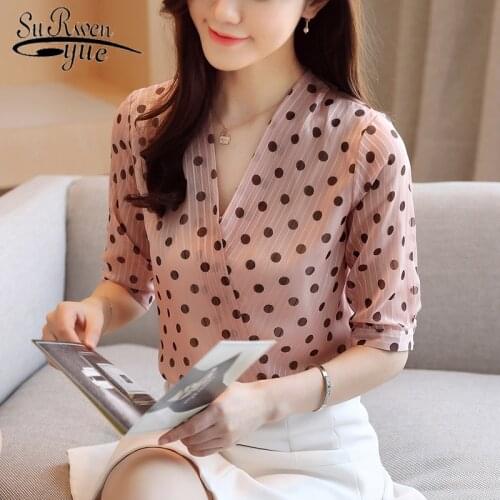 Vintage Polka Dot V-neck Blouse Womens 2020 Summer Elegant Blouse Short Sleeve Korean Chiffon Shirt Womens Clothing 8980 50