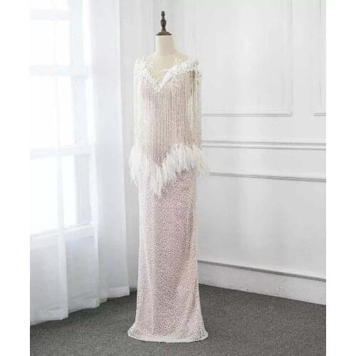 Vintage O Neck Beaded Stones Feather Bling Bling Lace Straight Floor Length Evening Dresses 2019