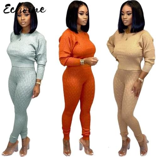Autumn Winter Women Set Long Sleeve Knitting Sweater Long Pants Two Piece Set Tracksuit Club Sportwear Orange Yellow Outfits