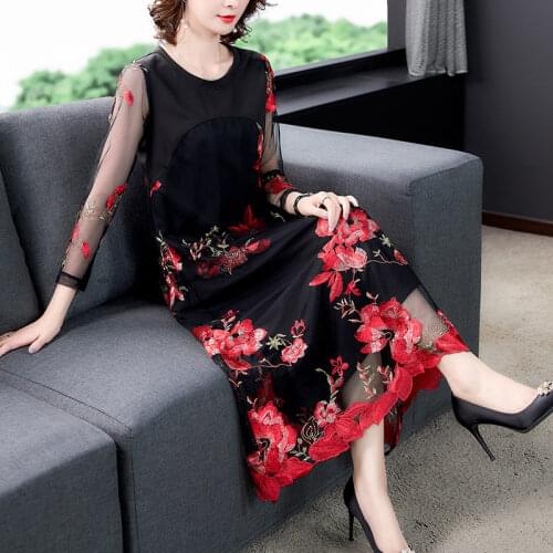 2021 New Embroidered Dress Women Summer Loose Large Size Ladies Fashion Stitching A-Line Long Dress Elegant Female Vestidos k980
