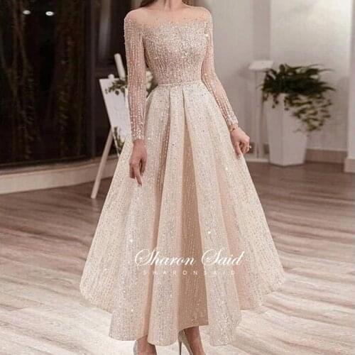 Luxury Dubai Beige Midi Evening Dress for Women Wedding Party Long Sleeve Illusion Neck Ankle Length Arabic Bridal Formal Gowns