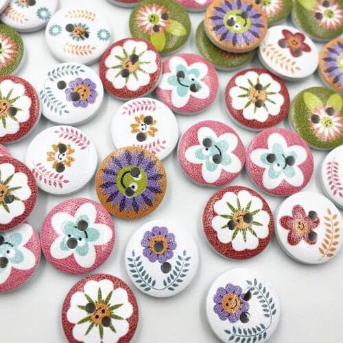 100pcs 15mm Round New Flower Printed Decorative Wood Sewing Buttons For Clothing Clothes Decoration DIY Craft WB692