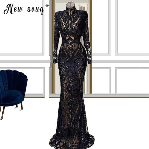 2021 Arabic Muslim Evening Dress Long sleeve Beading Black Formal Prom Dress Custom Made Evening Party Gown vestido de festa