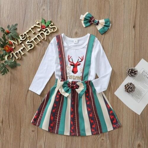 Christmas Costume Baby Set Autumn Winter Cartoon Xmas Deer Long Sleeve Rompers + Suspender Skirts + Headband 3PCS Girls Suits
