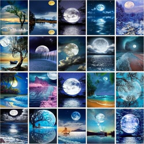 5D Diy Diamond Painting Moon Tree Scenery Diamond Embroidery Sailboat Mosaic Seaside Landscape Cross Stitch Art Kit Home Decor