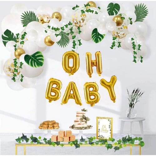 62pcs green baby shower white balloon wreath arch kit oh baby banner with ivy leaf wreath vine 1st balloon decoration