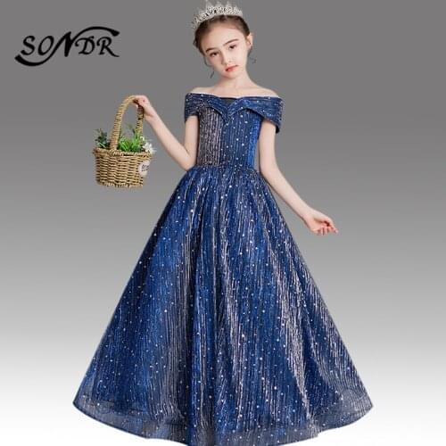 Shining Flower Girl Dress for Weddings HT150 Off Shoulder Boat Neck Girls Pageant Dresses Navy Blue First Holy Communion Gowns
