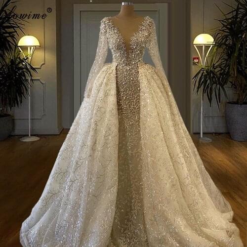 Long Sleeves Glitter Wedding Dresses With Detachable Train Pearls Mermaid Wedding Gowns For Women Plus Size Beach Bridal Dresses