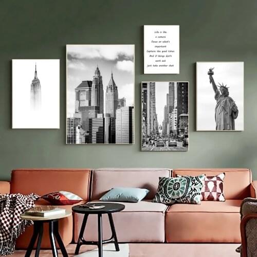 City Landscape Print Illustration New York Statue of Liberty Black and White Poster Wall Art Picture Cuadros Bedroom Decor