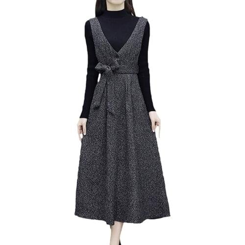Spring Autumn 2 Pieces Suit Dress Women Sets Full Sleeve Ruffles Half Turtleneck Knit Sweater With Slim A-Line Dress Sets J168