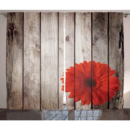 Rustic Curtains Flower Red Dahlia on Foreground of Murky Featured Dated Wooden Board Retro Art Living Room Bedroom Window Drapes