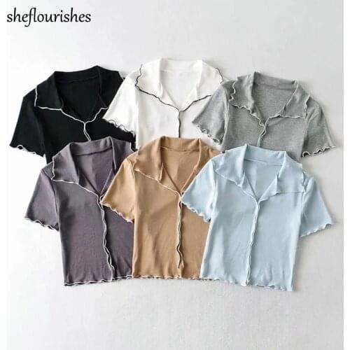 Elegant t shirt women short sleeve tees knitted turn down collar shirts korean ruffle top patchwork slim cropped t shirt white