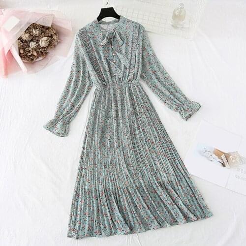 Elegant Floral Women Dress Spring Casual Flare Sleeve Office Chiffon Print Dresses Vintage Pleated dress