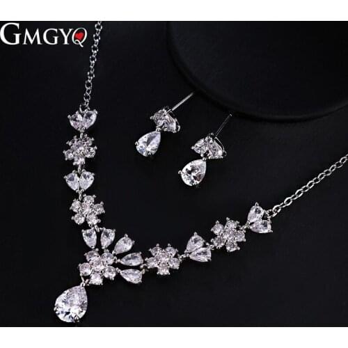 GMGYQ Fashionable White Droplet Zircon Earrings Necklace Cube AAA Bride Jewelry Set For Womens Wedding Gifts