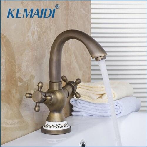 KEMAIDI Antique Brass Basin Faucets High Quality Double Handle Basin Faucet Banheiro Bathroom Sink Tap Mixer Deck Mounted