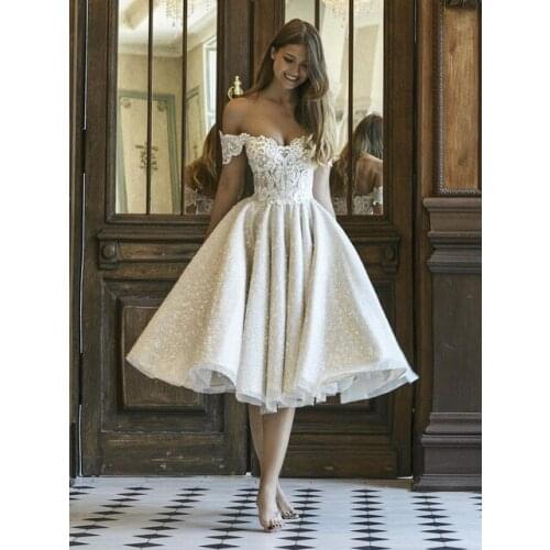 LORIE Short Wedding Dresses Elegant Lace Appliqued Shiny Bridel Gowns Princess Party Dress Off the Shoulder Beach Glitter Gowns