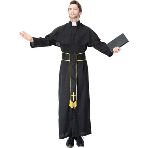 Adult Black Noble Priest Costume Men Religious Pastor Father Costumes Halloween Purim Party Mardi Gras Fancy Dress