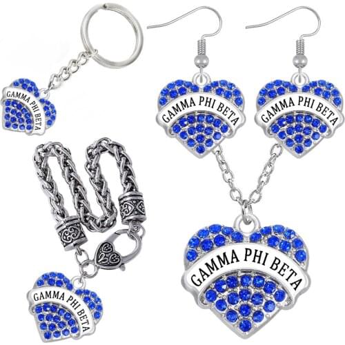 Colorful crystal inlaid heart metal charm jewelry set GAMMA PHI BETA Greek society sorority necklace eardrop bangle keychain