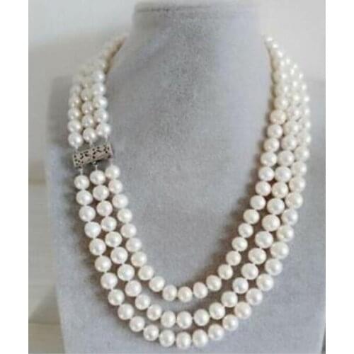 3 rows 8-9mm south sea round white pearl necklace 18"19"20"925s KKK