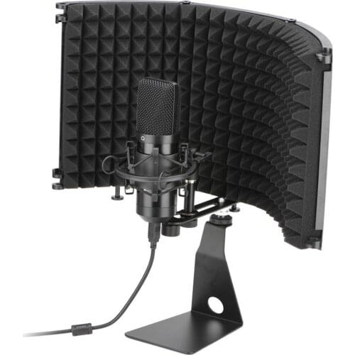 Microphone Isolation Shield with Stand, Folding 3 Panel Studio Recording Isolation Shield with High Density Absorbing Foam