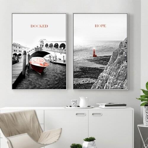 Nordic Pink ship lighthouse wall art Canvas Painting Prints Quiet harbour Landscape Posters for Living Room Morden Home Decor